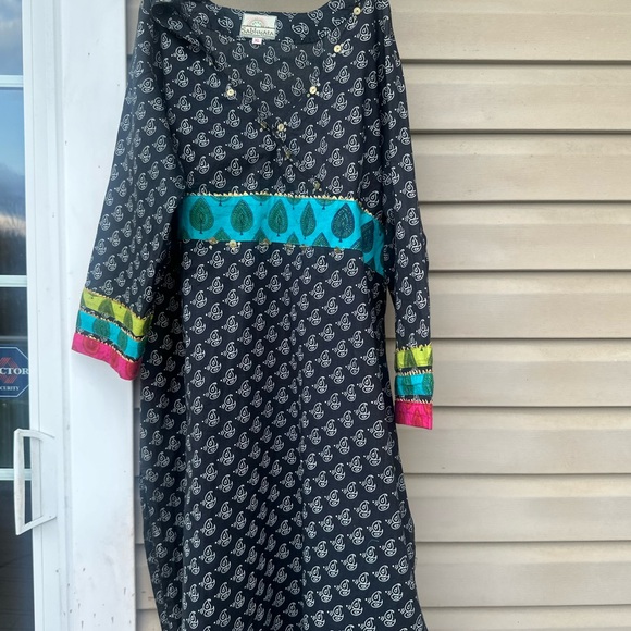 Sabhyata black block print, pink & blue accents, cotton XL Dress Kurta. Indian - Picture 1 of 8